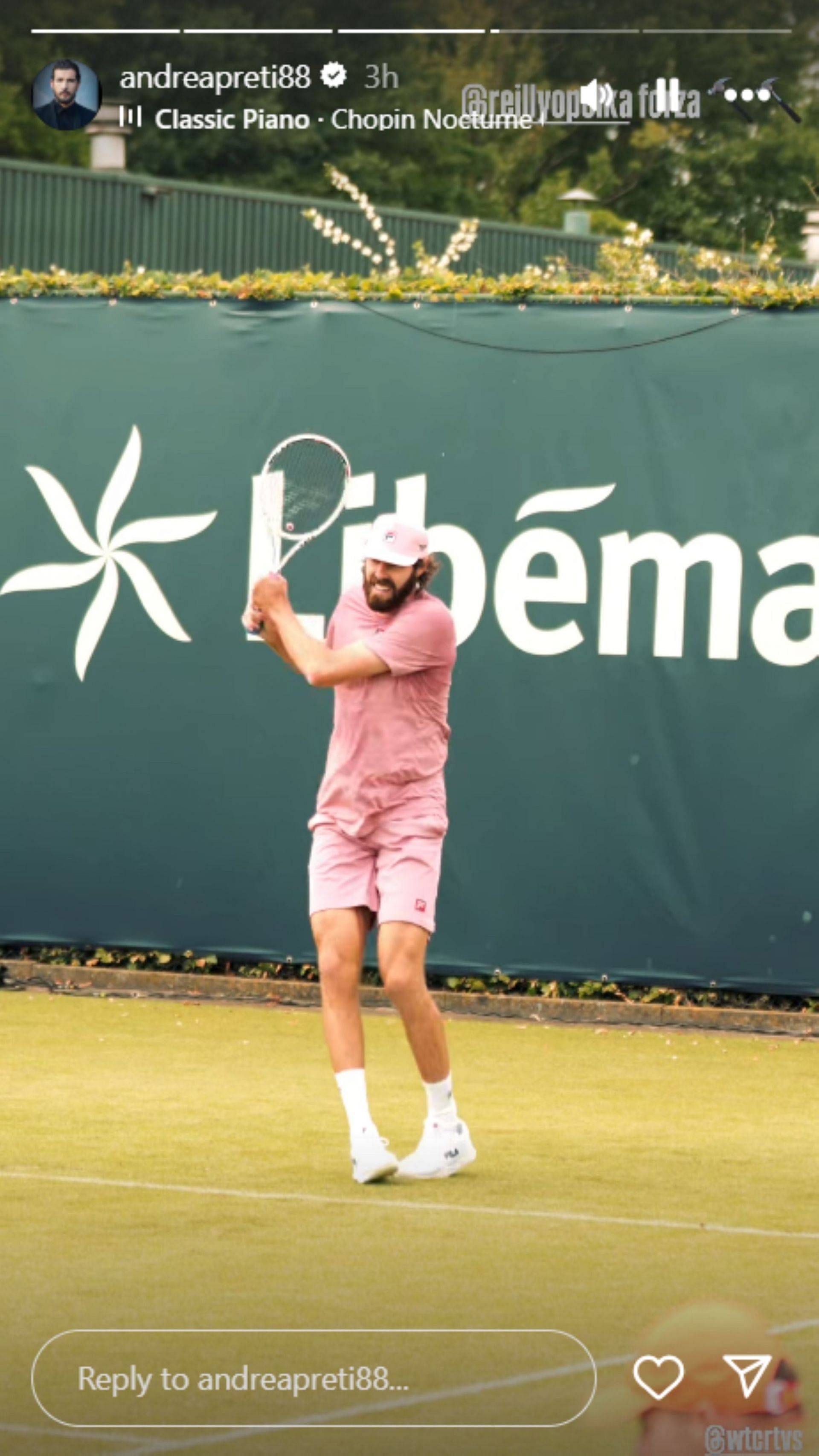 Preti reacts to Reilly Opelka's tennis at Libema Open; Instagram - @andreapreti88